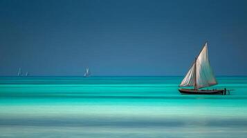 Tranquil Seascape with a Single Sailing Boat Against a Calm Azure Ocean Under a Clear Sky photo