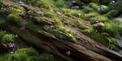 Lush Forest Floor with Vibrant Green Moss and Fungi Growing on Old Weathered Wood in Natural Environment photo