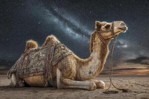 Majestic camel resting under a starry sky in a vast desert landscape, showcasing nature's beauty and tranquility at night photo