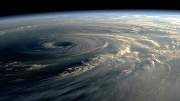 Majestic View of a Powerful Cyclone Swirling Over Earth's Atmosphere from Space with Dramatic Cloud Patterns photo