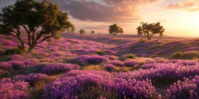 Vibrant Sunrise Over Expansive Lavender Fields with Distant Trees and Colorful Skies photo