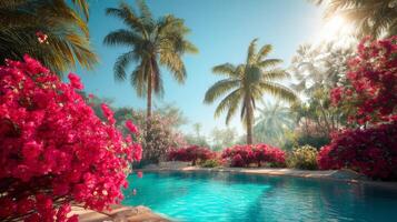 Tropical Paradise with Lush Bougainvillea and Serene Pool Surrounded by Palm Trees and Vibrant Flora in Sunny Atmosphere photo
