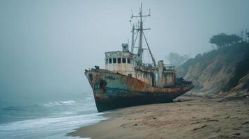 Abandoned Rusty Ship on Foggy Beach with Eroding Cliffs and Gentle Waves Under Gloomy Sky photo