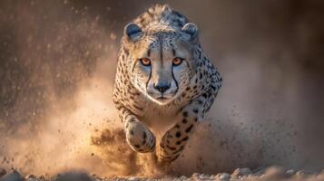 Cheetah Running at Full Speed Through Dusty Environment with Intense Gaze and Lush Background photo