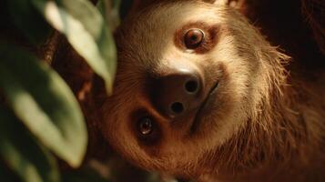 Close-Up of a Sloth Face Among Green Leaves in a Tropical Forest with a Gentle Expression and Unique Features photo