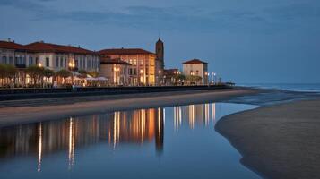 Serene Coastal Town at Dusk with Reflections on Water and Charming Buildings Illuminated by Soft Lights photo