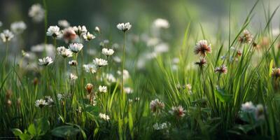Serene Landscape of Delicate White and Pink Flowers Amid Lush Green Grass in Soft Focus Background photo
