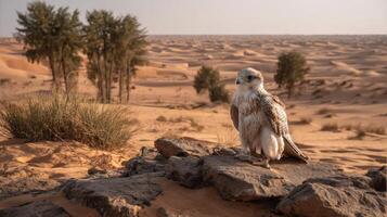 Majestic falcon perched on rocky terrain in the vast desert against a backdrop of undulating sand dunes and sparse vegetation photo