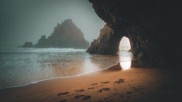 Serene Coastal Landscape with Arch Rock Formation and Misty Ocean Waves at Dawn photo