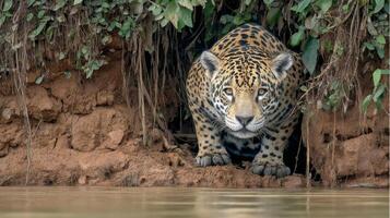 Majestic Jaguar Crouching at Riverbank Surrounded by Lush Greenery and Earth Tones in Natural Habitat photo