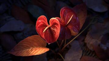 Vibrant Red Anthurium Flowers Against Dark Background with Fallen Leaves photo