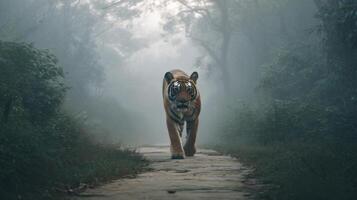 majestuoso Tigre caminando mediante brumoso bosque camino, exhibiendo belleza y poder en medio de sereno natural paisaje foto