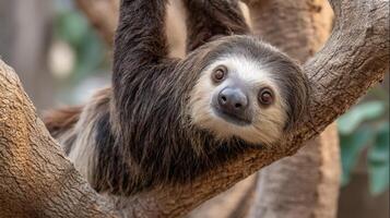 Curious sloth hanging upside down on tree branch in natural habitat, showcasing adorable expression and lush green surroundings photo