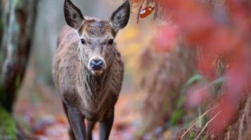 Young deer walking through a colorful forest during autumn, showcasing nature's beauty and wildlife charm in vibrant scenery photo