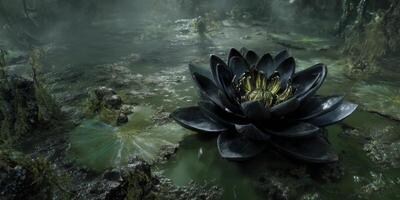 Majestic black lotus flower emerging from tranquil swamp, illuminated by soft light, surrounded by lush greenery and misty atmosphere photo