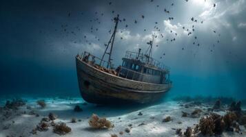 Abandoned Shipwreck Underwater Surrounded by Schools of Fish and Marine Life in a Deep Blue Ocean Environment photo