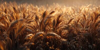 Serene Golden Wheat Field at Dusk with Soft Light and Gentle Breeze Creating a Tranquil Rural Landscape photo