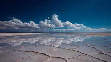 Stunning Reflection of Clouds on a Vast Salt Flat Under a Clear Blue Sky photo
