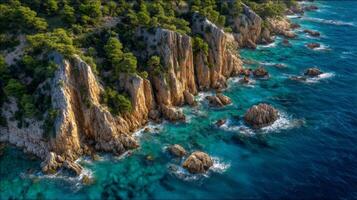Serene Rocky Coastline with Turquoise Waters and Lush Green Pines in Bright Sunshine photo