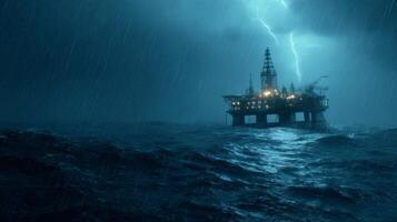 Dramatic Offshore Oil Rig in Stormy Seas Under Thunder and Lightning with Heavy Rainfall and Turbulent Waves photo