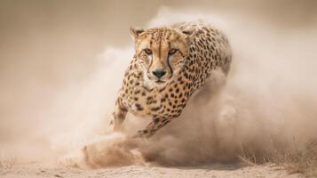 Cheetah Sprinting Through Dusty Terrain at High Speed in a Natural Habitat photo
