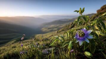 Vibrant passion flower blooms against breathtaking landscape at sunrise with soft sunlight illuminating rolling hills and valleys photo