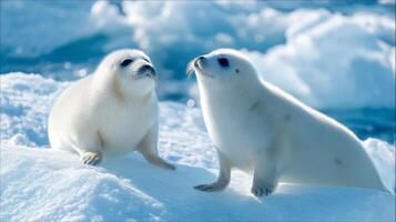 Two Cute White Seals on Ice in Arctic Landscape Under Bright Blue Sky and Snowy Background near Frozen Ocean Water photo