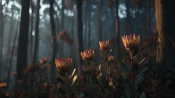 Misty Forest Landscape with Beautiful Wildflowers in Soft Morning Light and Dense Trees Creating a Serene and Tranquil Atmosphere photo