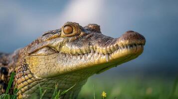 Close-up View of a Crocodile Featuring Its Detailed Textured Skin and Sharp Teeth Against a Soft Blurred Background photo