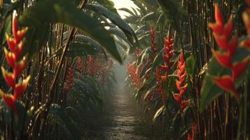 Vibrant Tropical Pathway Surrounded by Lush Green Foliage and Bright Red Heliconia Blooms in Morning Light photo