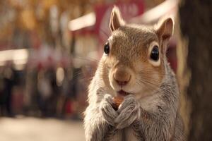 Charming squirrel holding nut in hands while posing for camera in a vibrant outdoor setting with blurred background photo