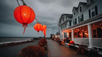 Serene Coastal Walkway Decorated With Vibrant Red Lanterns Against Dramatic Sky Overcast Evening Scene photo