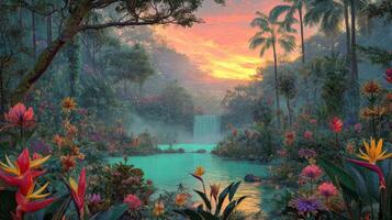 Serene Tropical Landscape with Waterfall, Colorful Flowers, Lush Foliage, and Vibrant Sunset in a Tranquil Paradise Scene photo