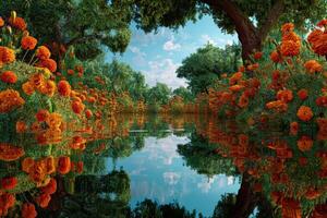 Lush Orange Marigolds Reflected in Calm Water Amidst Green Trees Under a Bright Blue Sky photo