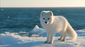 Majestic Arctic Fox Standing on Snowy Landscape with Ocean View During Bright Daylight in Winter Season photo