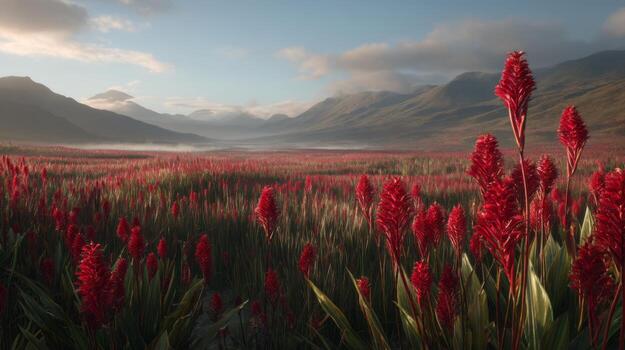 Lush Red Flower Field Under a Soft Morning Light with Mountains in the Backdrop Creating a Serene Natural Landscape photo