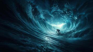 Surfer Riding Inside a Gorgeous Ocean Wave with Dynamic Blue Light and Powerful Water Movement photo