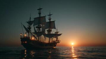 Majestic tall ship sailing into a vibrant sunset over calm ocean waters, creating a picturesque maritime scene at dusk photo