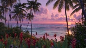 Serene Tropical Sunset Over Calm Ocean Waves with Lush Palm Trees and Vibrant Flowers in Foreground photo