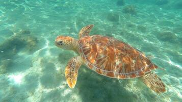 Majestic Sea Turtle Swimming Gracefully in Clear Blue Ocean Waters with Vibrant Coral Reef Beneath the Surface photo