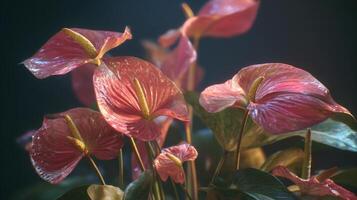 Vibrant Pink Anthurium Flowers with Glossy Leaves in Soft Natural Light Setting photo