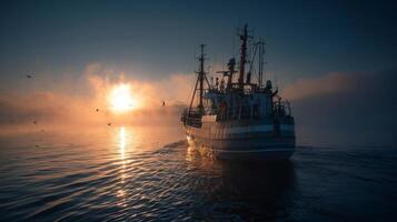 Fishing boat sailing into morning mist at serene sunrise with calm waters and birds flying in the background photo