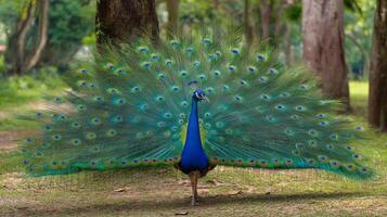 Vibrant Peacock Displaying Colorful Feathers in Natural Greenery Under Dappled Sunlight at a Tranquil Outdoor Setting photo