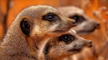 Close-up of Three Meerkats Posing Together with Intense Expressions Against a Warm Orange Background in Their Natural Habitat photo