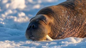 Close-Up of a Walrus Resting on Ice in a Cold Arctic Environment with Whiskers and Tusks Under Soft Natural Light photo