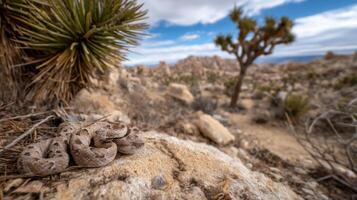 Desert landscape with coiled snake resting on rocky terrain surrounded by unique vegetation and dramatic sky in the background photo