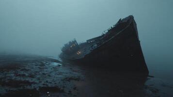 Abandoned Shipwreck in Misty Fog at Low Tide Reflecting Moonlight on Water Surface in a Haunting Coastal Landscape photo