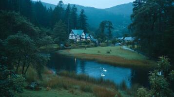Serene Landscape with Swans on Pond Near Charming Cottage Surrounded by Lush Greenery and Majestic Mountains at Dusk photo