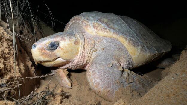 Close-Up of a Sea Turtle Nesting on a Sandy Beach Under Moonlight with Grass in the Background photo