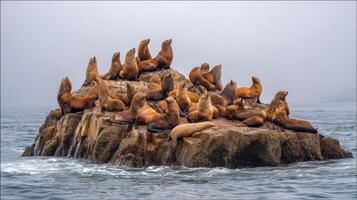 Group of Sea Lions Relaxing on a Rocky Outcrop in a Foggy Coastal Environment photo